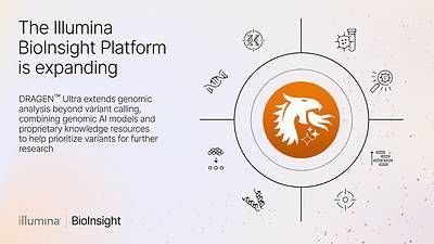 DRAGEN Ultra extends genomic analysis beyond variant calling by combining Illumina genomic AI models and proprietary knowledge resources to help prioritize variants for further investigation. DRAGEN Ultra extends genomic analysis beyond variant calling by combining Illumina genomic AI models and proprietary knowledge resources to help prioritize variants for further investigation.