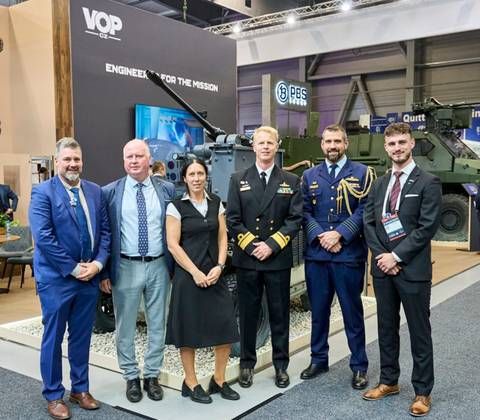 EOS and VOP CZ sign a Memorandum of Understanding at Future Forces Forum in Prague. Left to right: Martin van de Voorde, Sales Director Europe, EOS; Vlastimil Navrátil, Managing Director, VOP CZ; Pavla Ungrová, Sales Director, VOP CZ; Rear Admiral Richard Caton, Australia's Military Representative to NATO and the EU; Group Captain Michael Schleeman, Australia's Defence Attaché; and Matej Pupák, Program Lead, VOP CZ.