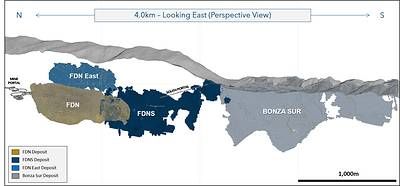 Figure 1: Long-section showing FDN District mineral footprint with the FDN, FDNS, FDN East, and Bonza Sur deposits.