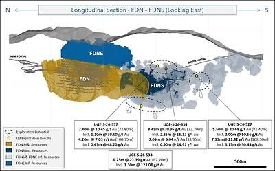 Figure 3: Long section showing FDN and FDNS deposits with selected FDNS Exploration drilling results.
