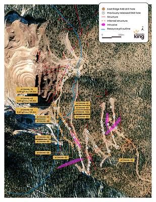 Figure 1. Plan view map of East Ridge RAB drilling with mapped surface structure and coinciding porphyritic intrusive rock. Strong alteration and anomalous mineralization along north-west and north-east structures. Anomalous gold mineralization is found within surface rock samples along both structures and intrusive. Figure 1. Plan view map of East Ridge RAB drilling with mapped surface structure and coinciding porphyritic intrusive rock. Strong alteration and anomalous mineralization along north-west and north-east structures. Anomalous gold mineralization is found within surface rock samples along both structures and intrusive.