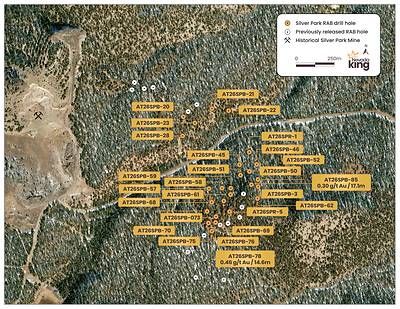 Figure 2. Plan view map of Silver Park RAB drilling with hole locations. RAB drill holes are positioned along a structural contact of strongly altered dolomite basement with porphyritic intrusive rock. Anomalous gold mineralization is found within rock surface samples and at depth beneath post-mineral cover from previous RAB drilling. Figure 2. Plan view map of Silver Park RAB drilling with hole locations. RAB drill holes are positioned along a structural contact of strongly altered dolomite basement with porphyritic intrusive rock. Anomalous gold mineralization is found within rock surface samples and at depth beneath post-mineral cover from previous RAB drilling.