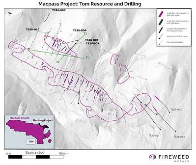 Map 2: Tom composite intervals in 2026 drilling, 2025 drilling and pre-2025 drilling with mineral resource vertical projection to surface.