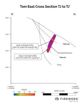 Figure 1 Cross section TJ to TJ': Drillholes TS26-005 and TS26-007. Intersected thicknesses shown – see Table 1 for full results and true thicknesses.