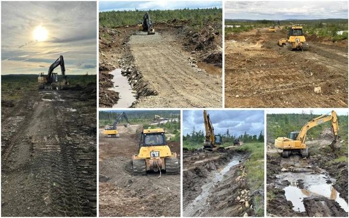 Road construction with earthmoving equipment along the exploration access road corridor north of the RPM Zone, Pipestone XL Project (Fall 2026).