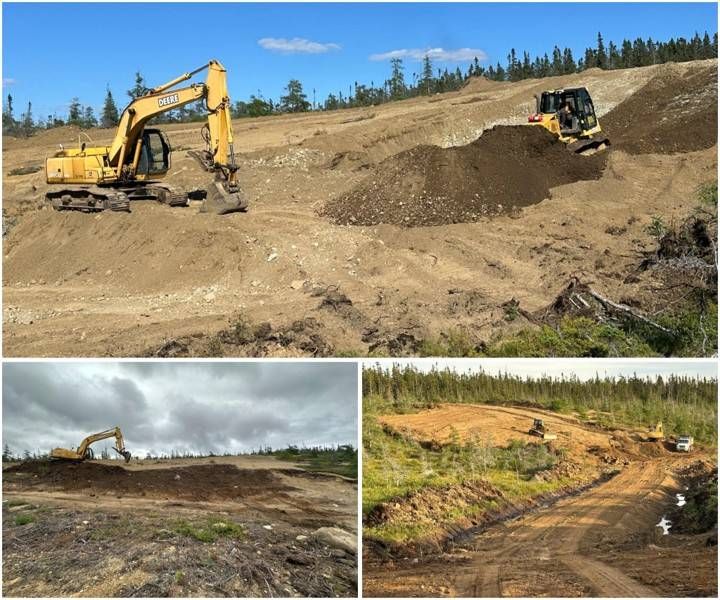 Stripping overburden to decomposed bedrock at the permitted pit north of the RPM Zone, which supplies fill for the exploration access road and exposes bedrock that can be sampled (Fall 2026).