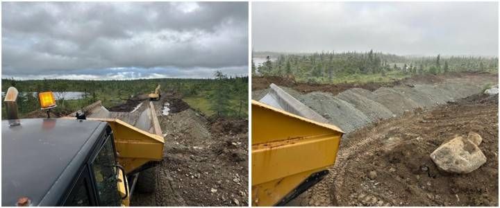 Dump truck hauling fill from the permitted pit north of the RPM Zone along the exploration access road, Pipestone XL Project (Fall 2026).