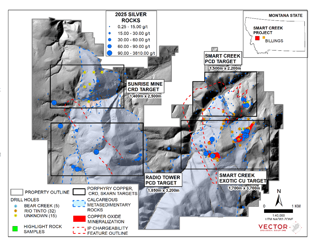 Property location, favourable host rocks, IP targets, magnetic features and Surface rock sampling results (grab and composite grab samples) from the 2025 surface rock sampling program at the Project including silver geochemistry(3)