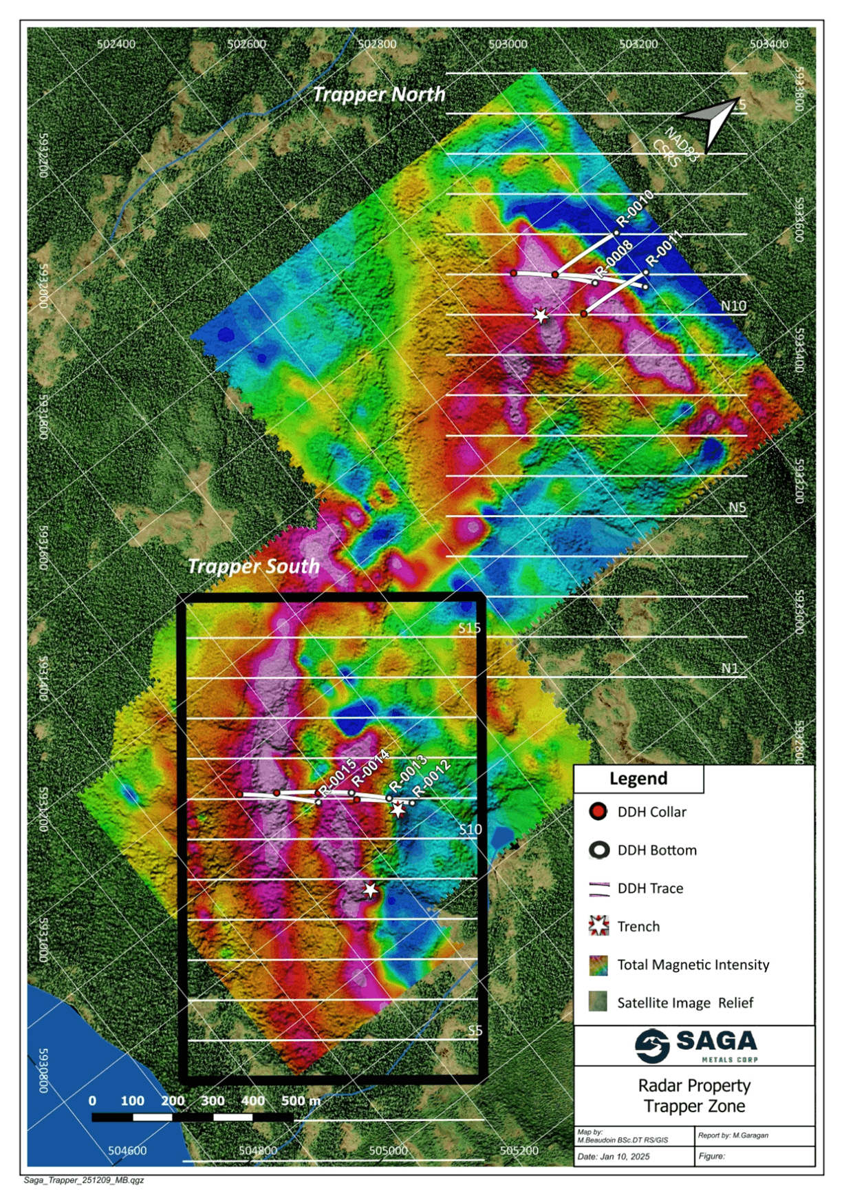 Location of the initial kick off to 2026's phase of drilling at the Trapper Zone, showing the total magnetic intensity (