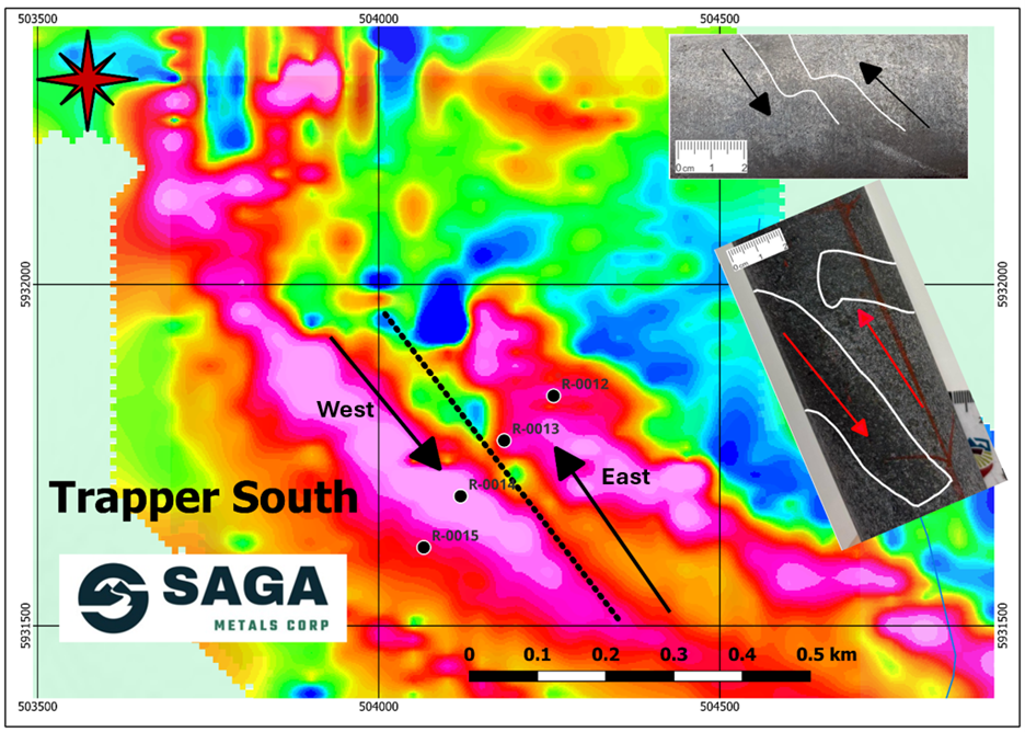 Outlines a left-lateral, strike-slip reverse fault. The hanging wall (East anomaly) is offset primarily relative to the (West) Footwall. The map shows analogs of the geometric pattern observed in the core in both R-0015 and R-0014. Similar offsets were also viewed in both R-0013 and R-0012.