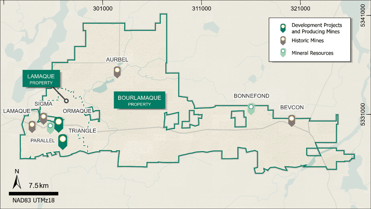 Map showing the Lamaque / Bourlamaque mineral exploration license area and locations of projects and historic mines referred to in this news release.