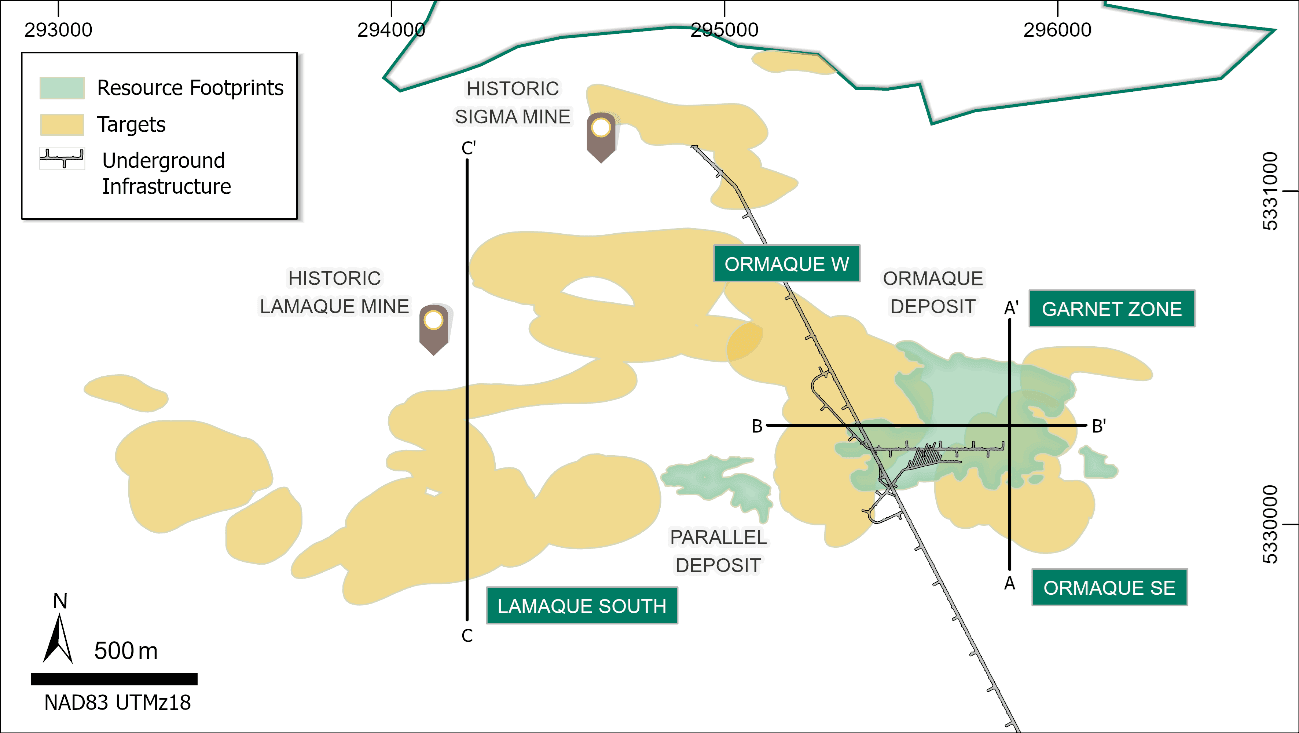 Geological map showing exploration target areas surrounding Ormaque-Parallel deposits and historic Sigma-Lamaque mines.