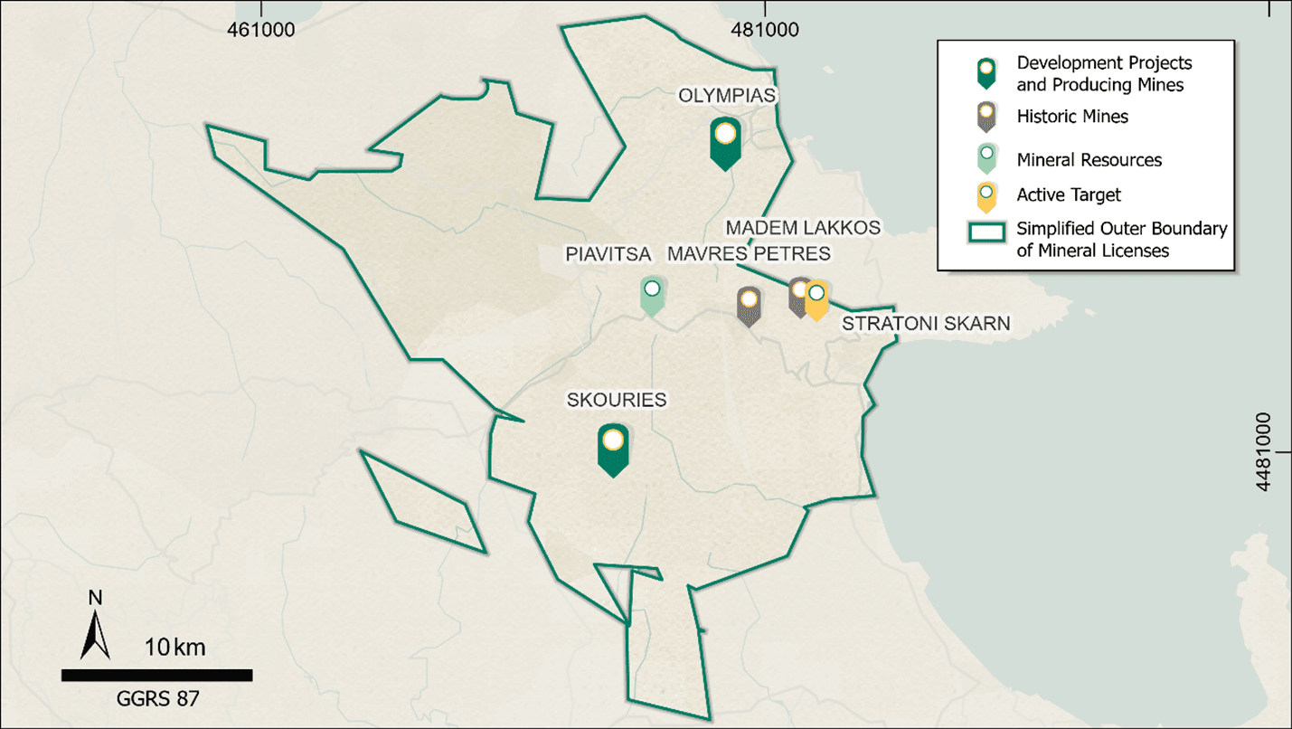 Map showing the Kassandra mining district licence area and locations of projects referred to in this news release.