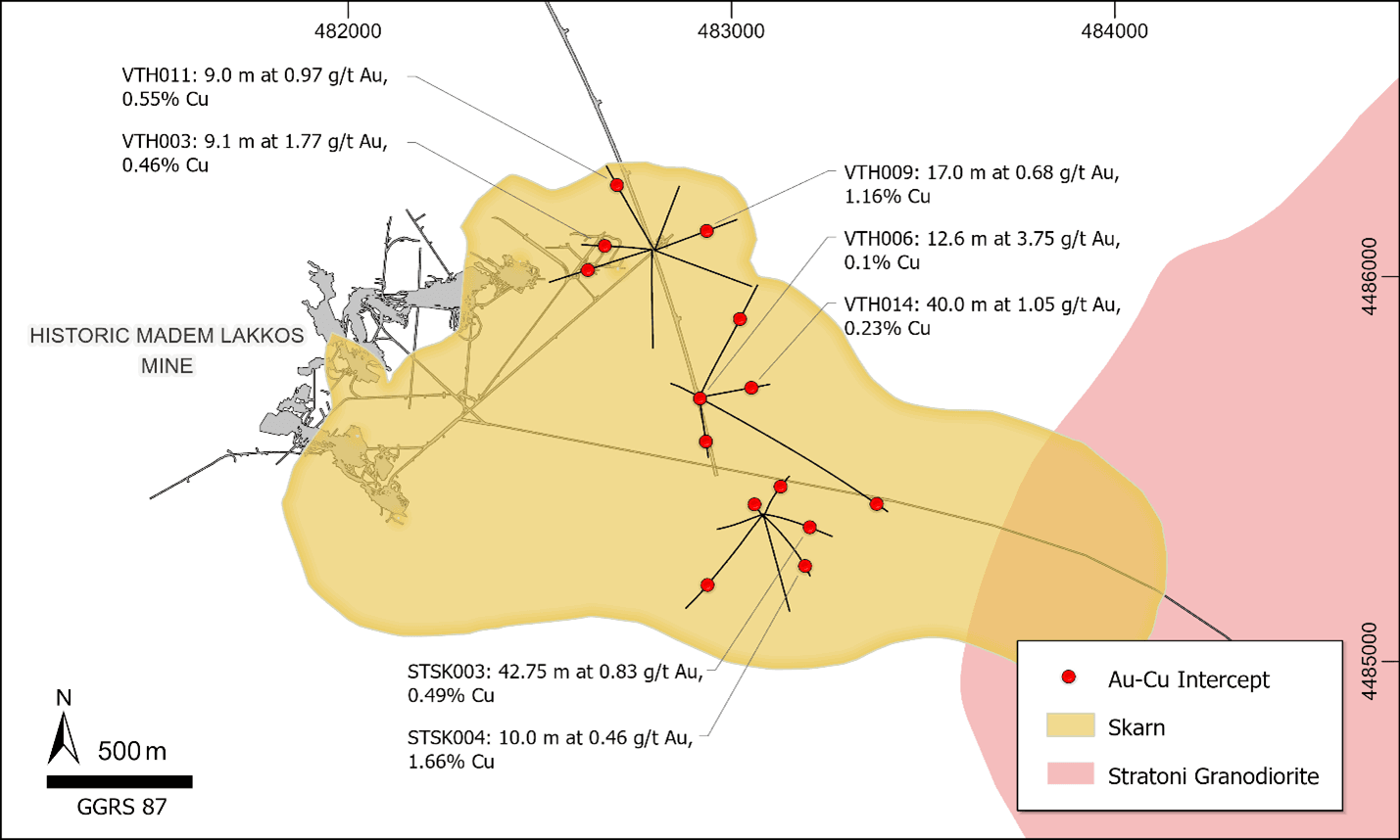 Map of the Stratoni Skarn Au-Cu deposit and highlighted drill hole intercepts.