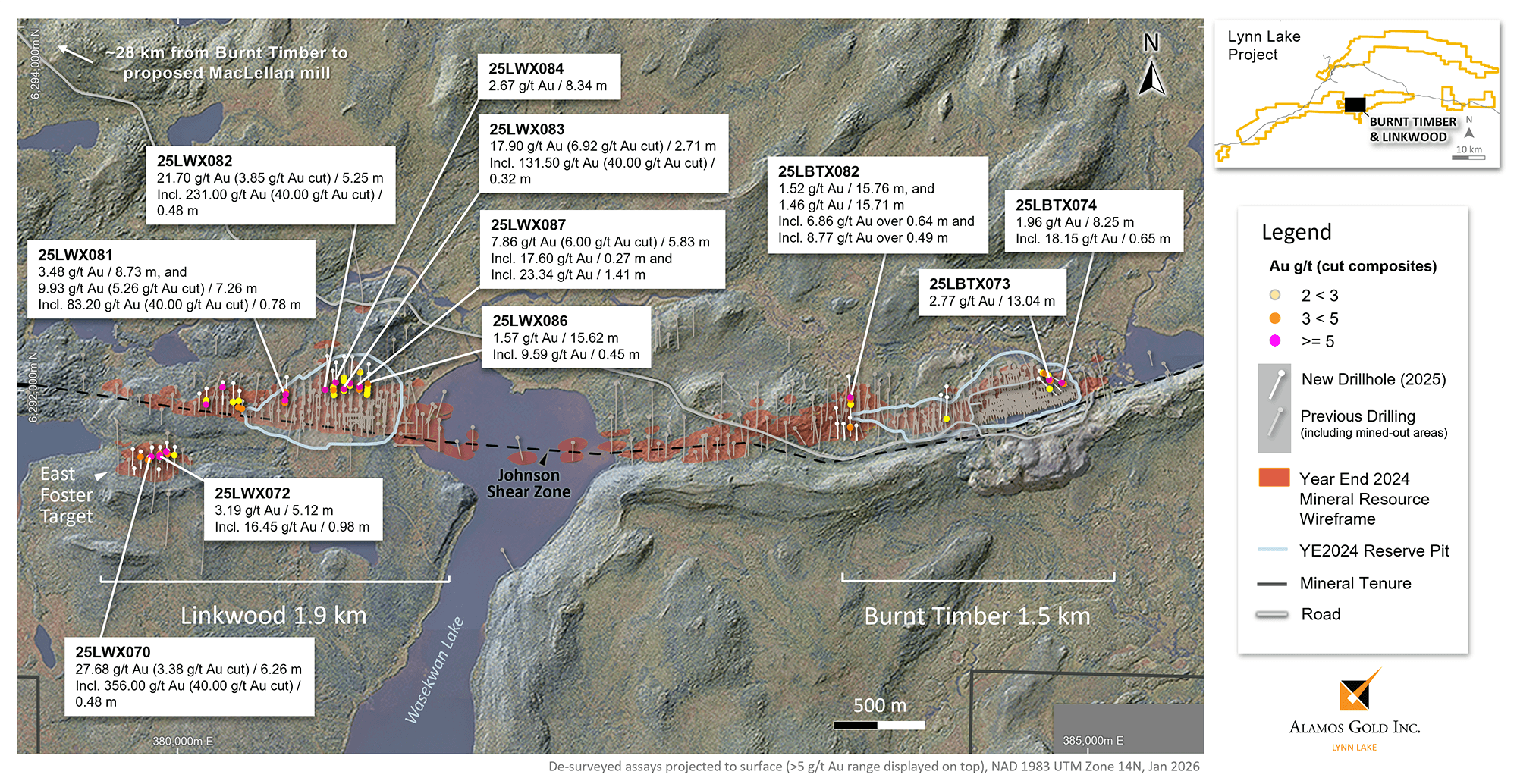 Figure 2: Plan View of Burnt Timber & Linkwood – 2024 Mineral Reserve Pits & 2025 Drilling