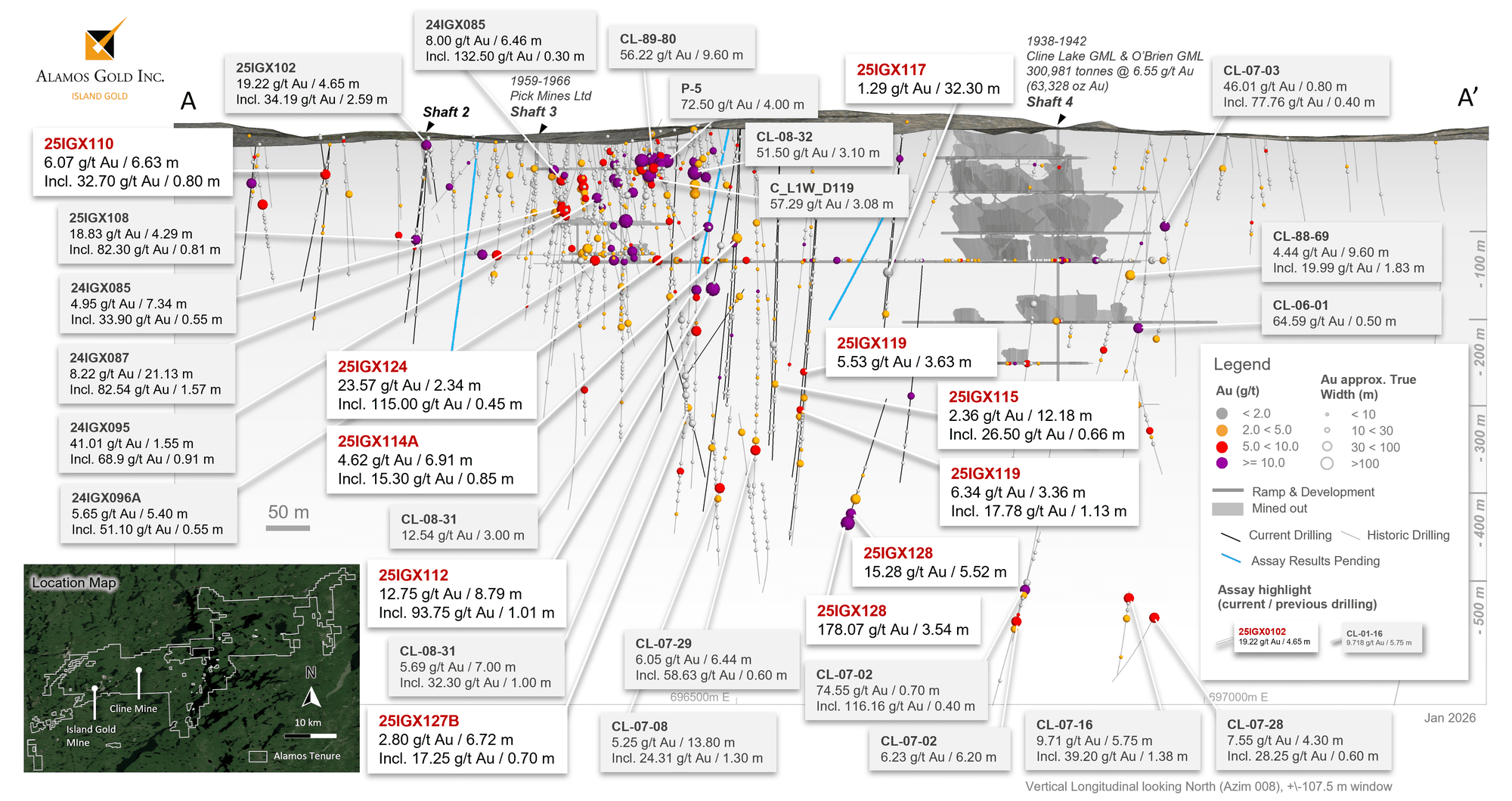 Figure 6 Cline-Pick Mines Longitudinal with current and historic drilling