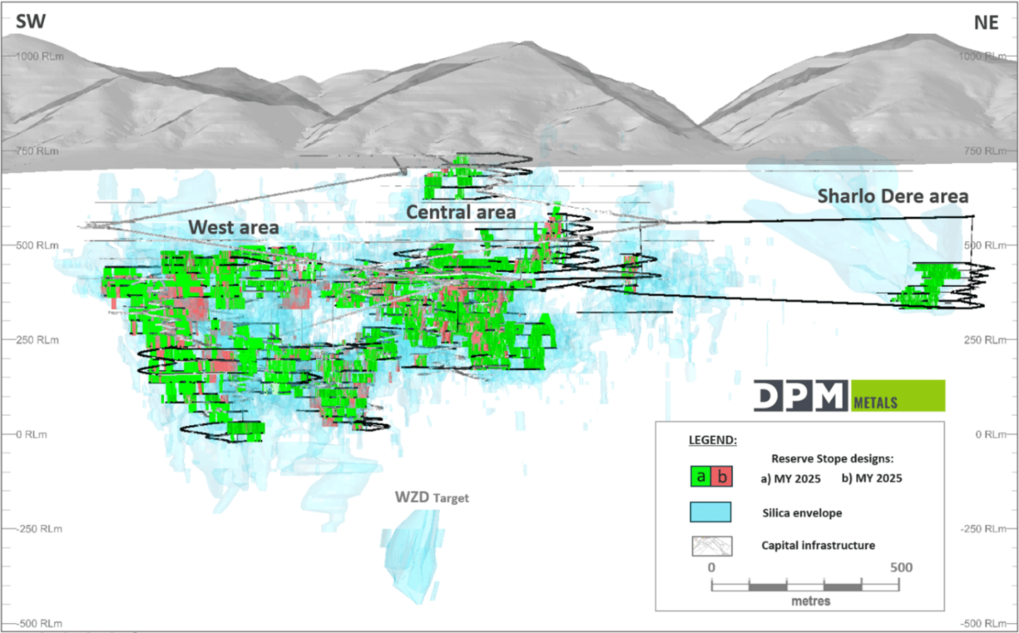 Long section of the Chelopech mine, looking northwest, showing mine development and silica envelope outlines. The current stope designs (green) are shown overlain, compared to those used in the previous mine plan (red).