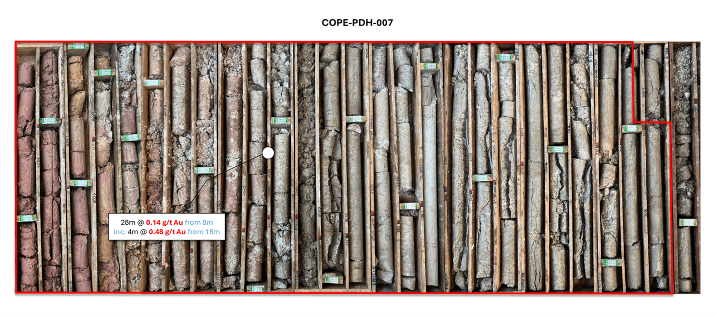 Figure 4. Image of core from the significant gold in saprolite intersection reported from diamond hole COPE-PDH-007 from 8.00 – 34.00m drilled interval. (28m @ 0.14 g/t Au)