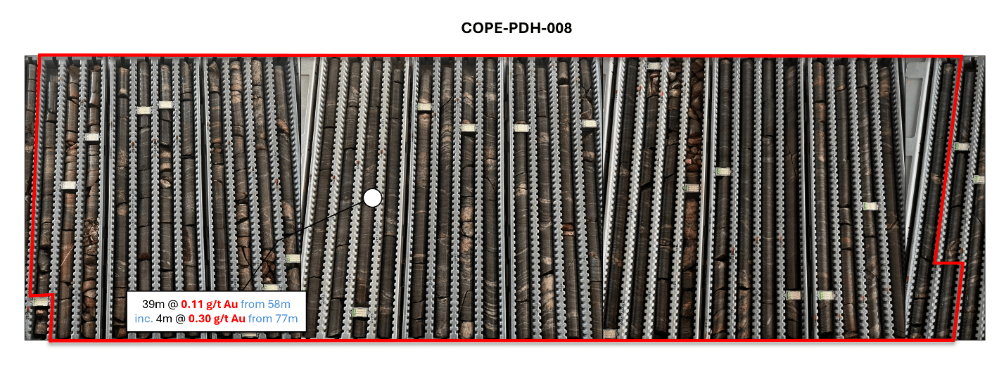 Image of core from the significant gold in bedrock intersection reported from diamond hole COPE-PDH-008 from 58.00 to 97.00 drilled interval. (38m @ 0.11 g/t Au)