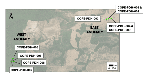 Location of diamond drill holes completed in the inaugural program testing the Copeçal Targets (East and West).