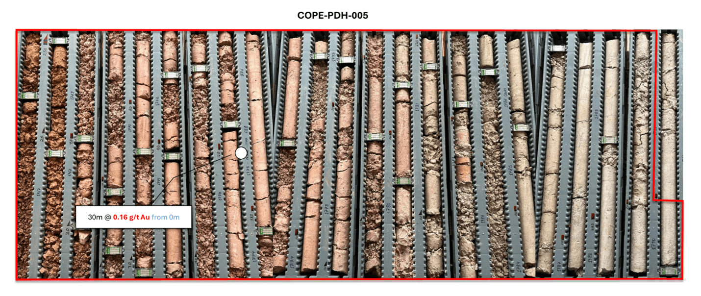 Image of core from the significant gold in saprolite intersection reported from diamond hole COPE-PDH-007 from 8.00 – 34.00m drilled interval. (30m @ 0.16 g/t Au)