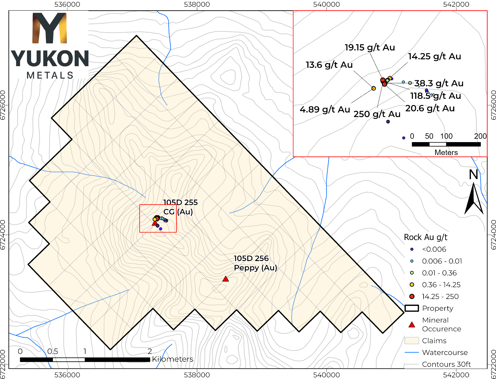 Figure 2- 2025 newly staked Carter Gulch claims with 2025 gold-in-rock assays.