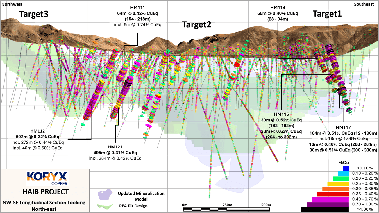 Long section showing thirteen drillhole intersections relative to the model for Cu mineralization