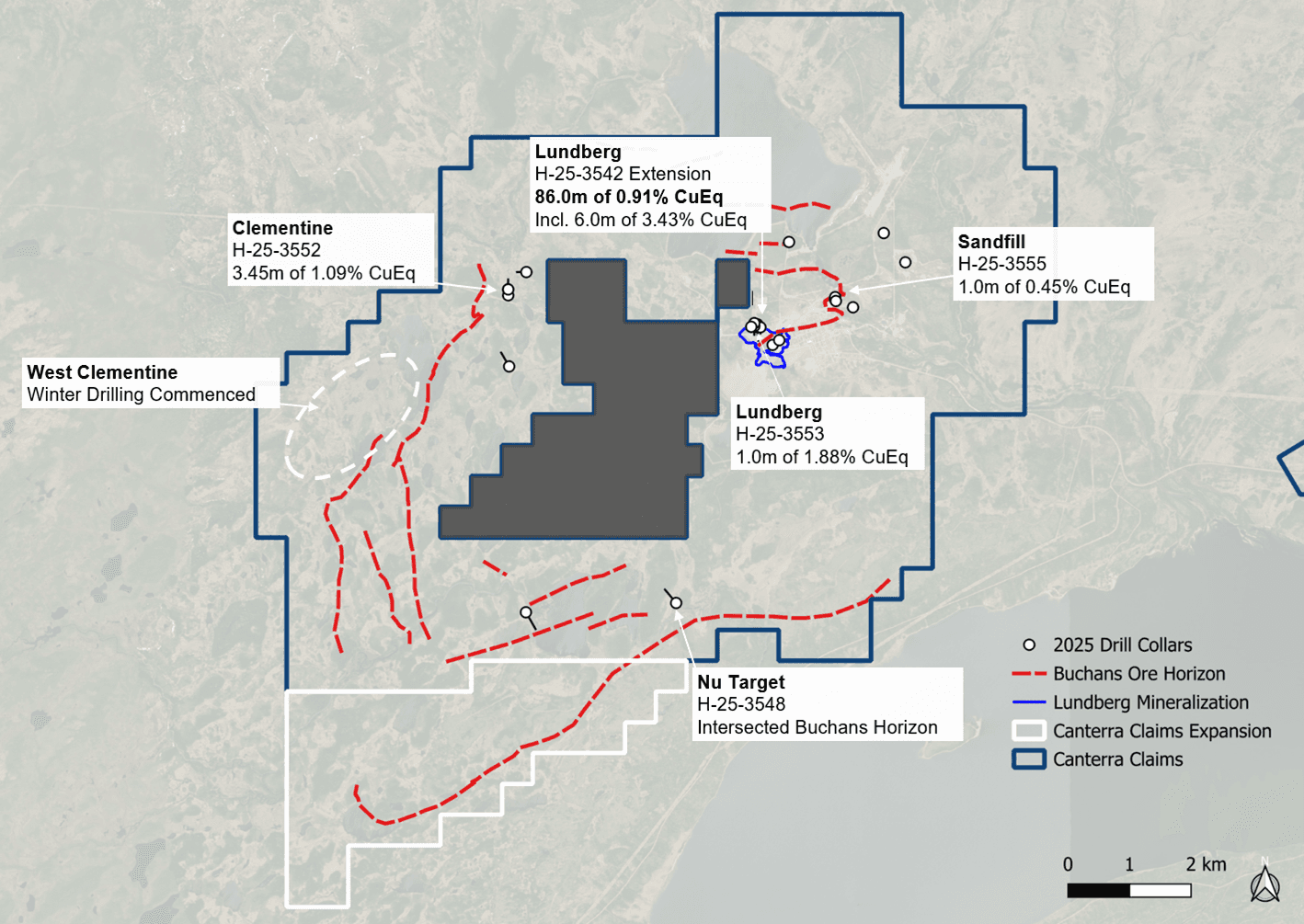 Buchans Project plan view and Lundberg mineralization projected to surface. Inferred Buchans Ore Horizon projected to surface, a key marker unit for Buchans Massive Sulphide mineralization.
