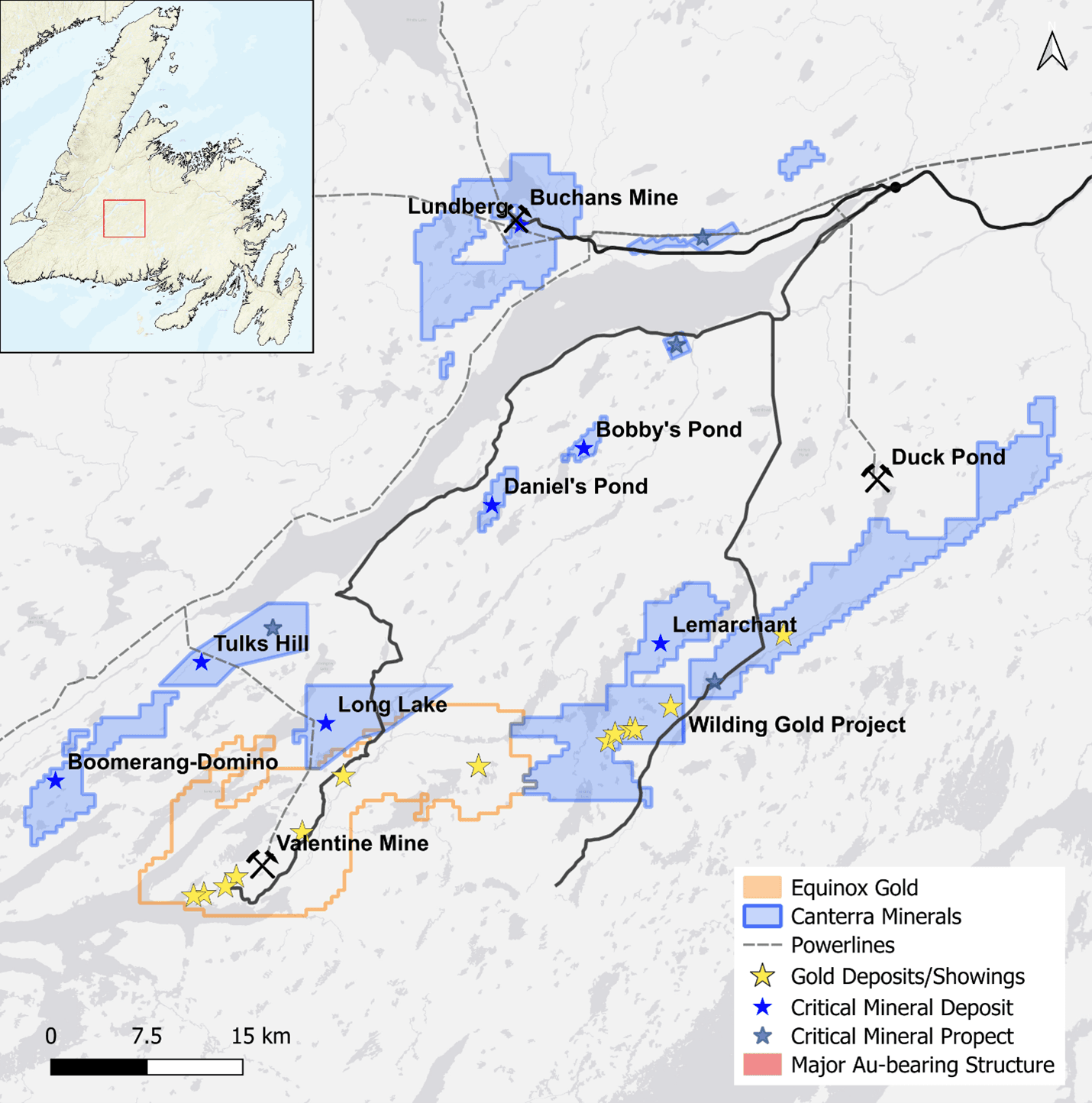 Map of Canterra's Central Newfoundland Mining District properties.