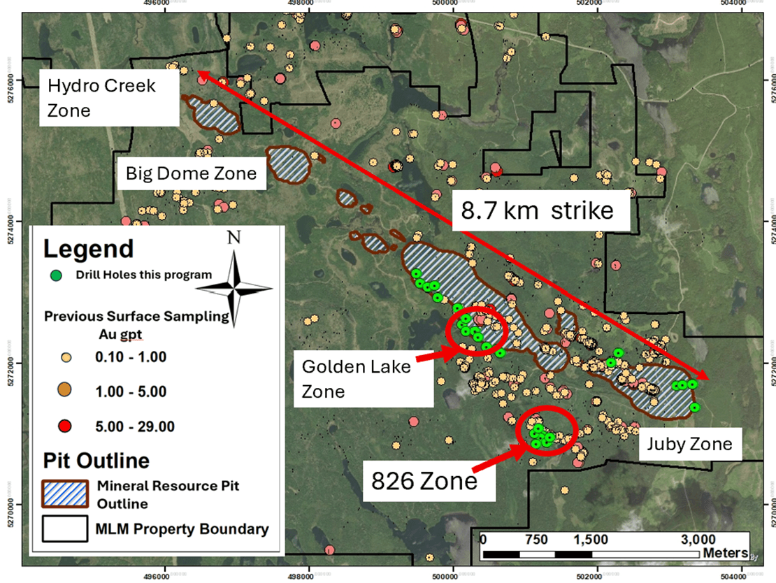 Juby Gold Project - Plan View of Exploration Drilling program showing location of drill holes at Golden Lake, Juby and 826 Zones