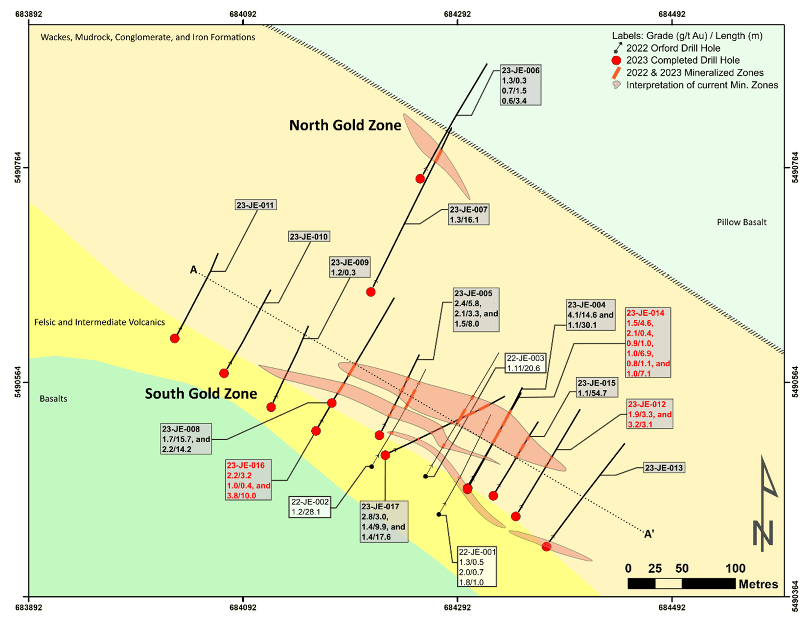 Joutel North West South Gold zone and North Gold Zone Drilling plan map