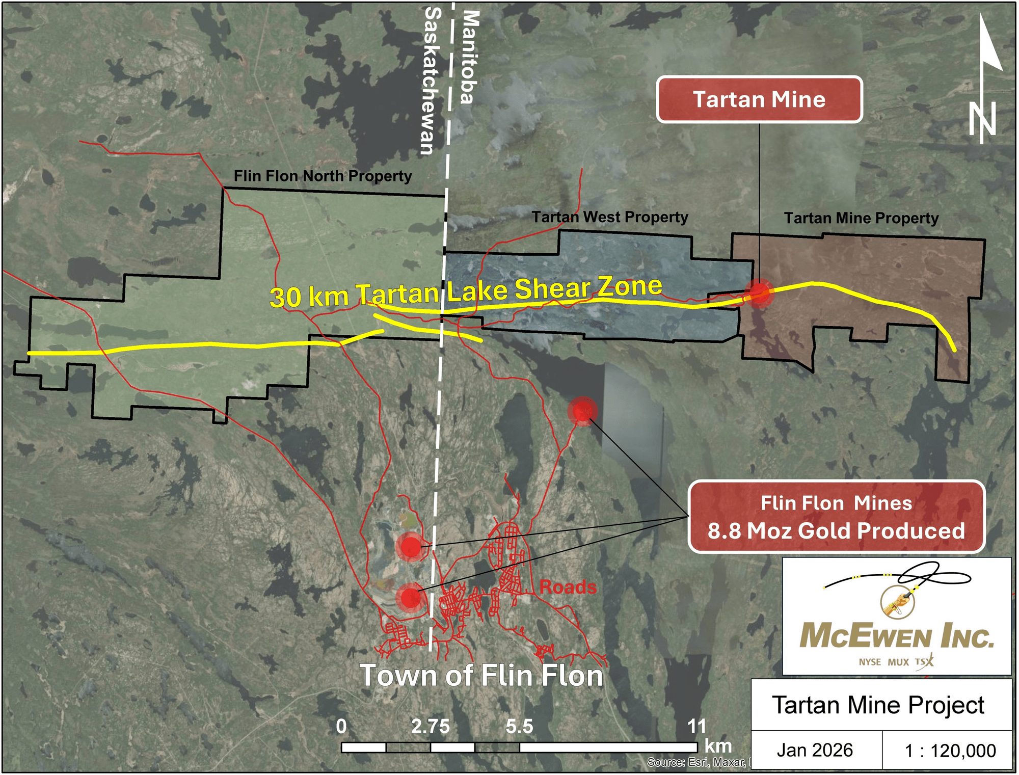 Figure 1: Tartan Mine Project Location Relative to Flin Flon and Tartan Shear Location on McEwen Mineral Claims (Manitoba and Saskatchewan).