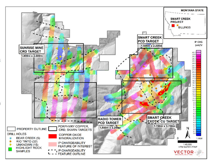 New IP Geophysical lines completed at Smart Creek were merged with historical IP features (chargeability 