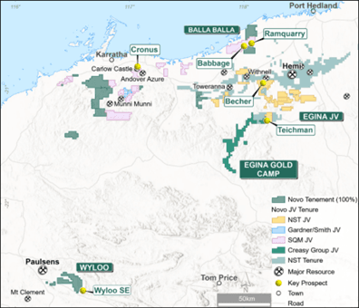 Novo Pilbara and Onslow District tenure showing significant prospects and location of the planned drilling at Wyloo, Cronus, Balla Balla and Teichman Projects in the Pilbara.