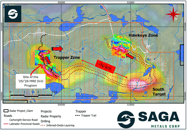 An approximate outline of the planned airborne geophysical coverage is highlighted in orange over Radar Project's prospective oxide layering zone. SAGA has demonstrated the reliability of the regional airborne magnetic surveys after validating with ground magnetic surveys and drilling in the 2024 -2026 field programs.