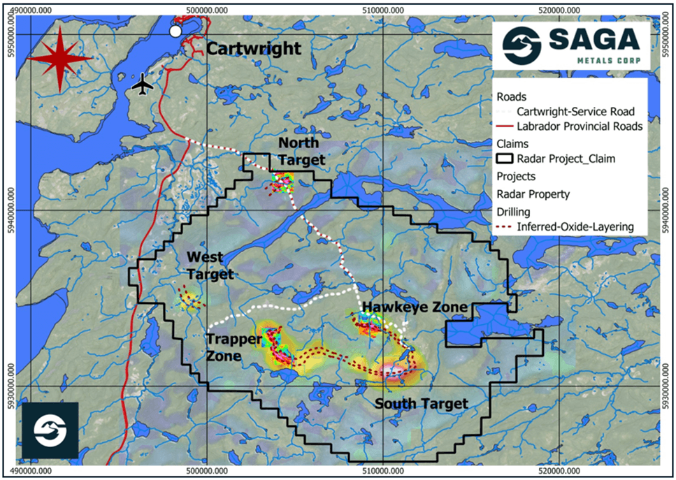 Radar Property map, depicting magnetic anomalies, oxide layering and the site of the 2025 drill programs. The Property is well serviced by road access and is conveniently located near the town of Cartwright, Labrador. A compilation of historical aeromagnetic anomalies is overlaid with ground-based geophysical data, as shown.