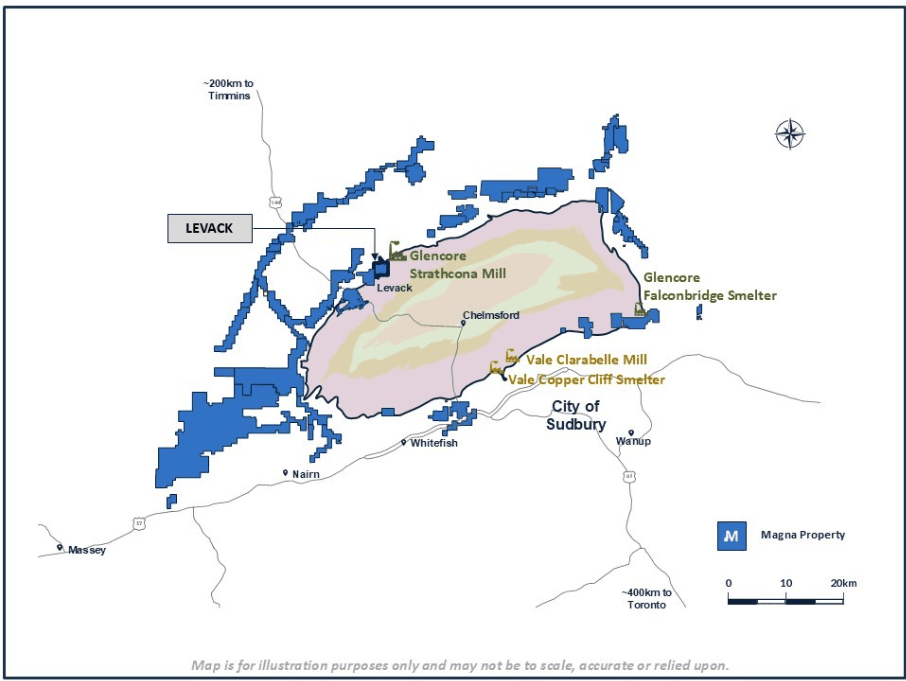 Figure 1: Location of Magna Mining's Properties, Including the Levack Mine and Key Sudbury Infrastructure