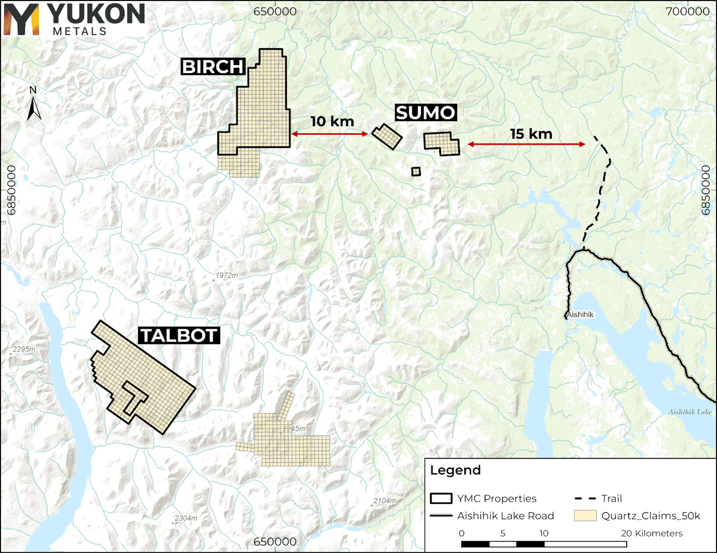 Sumo Property location relative to other Company Projects and Aishihik Lake Road (in black).