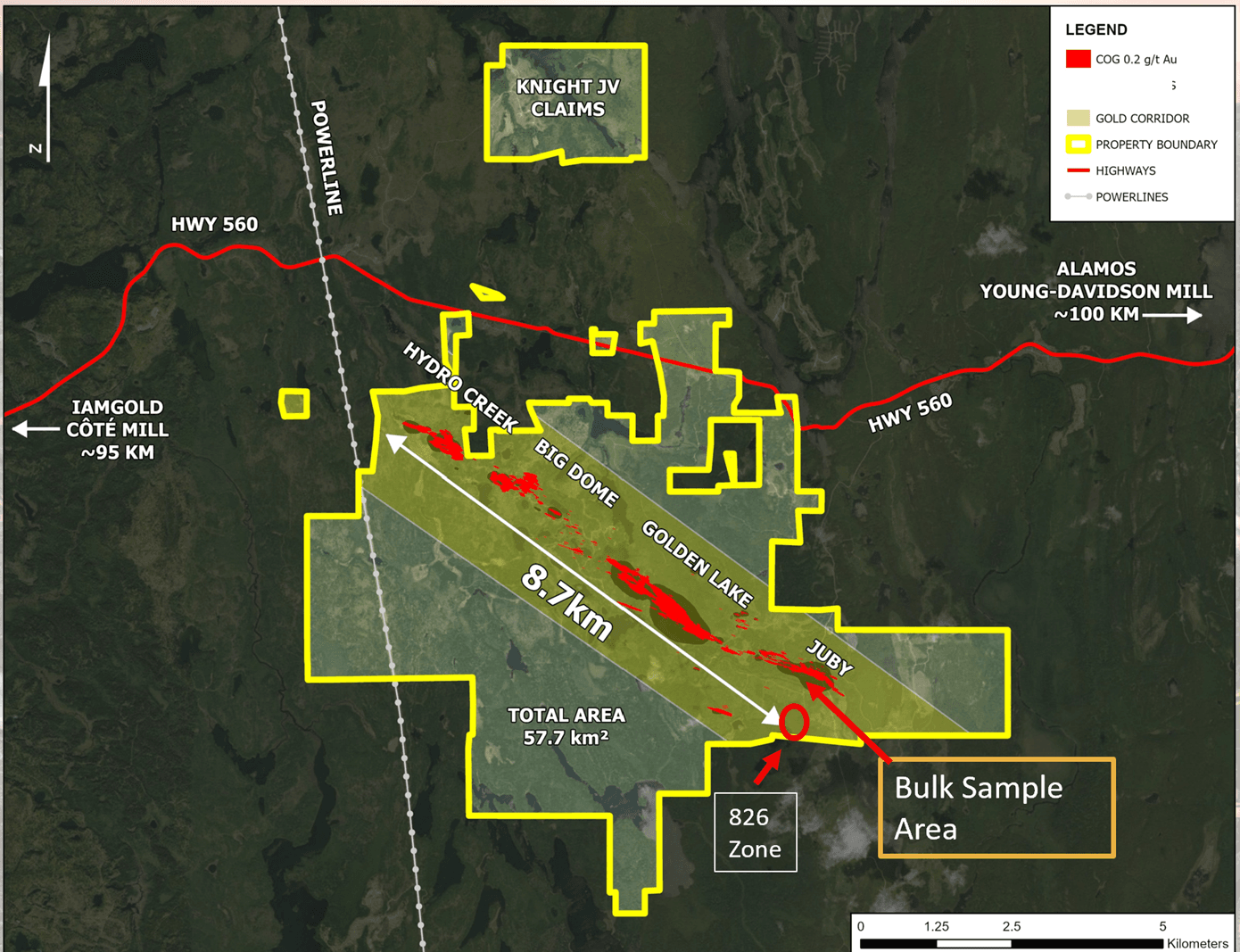 Property Layout showing main deposits and bulk sample area
