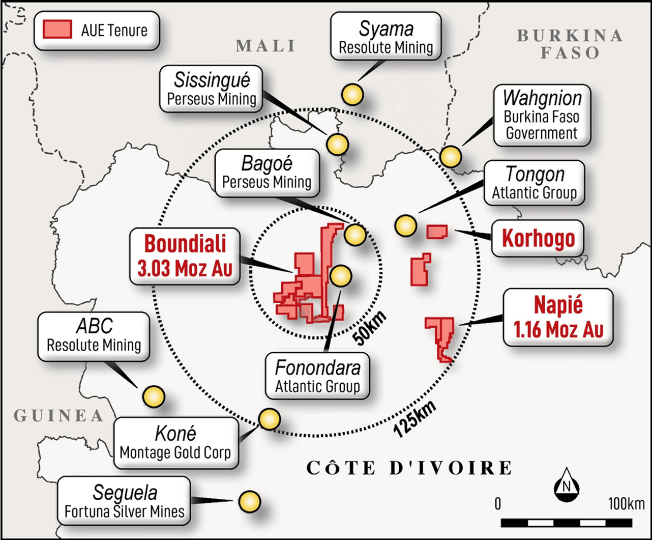 Location of Aurum's Boundiali and Napie Projects in Côte d'Ivoire