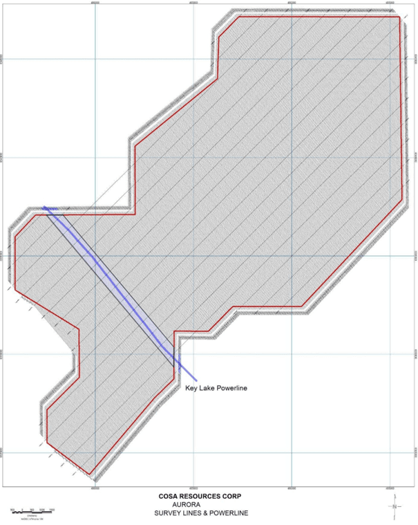 Planned high-resolution airborne radiometric survey line layout at Aurora, showing proposed 50-meter-spaced survey lines and the Key Lake powerline corridor.