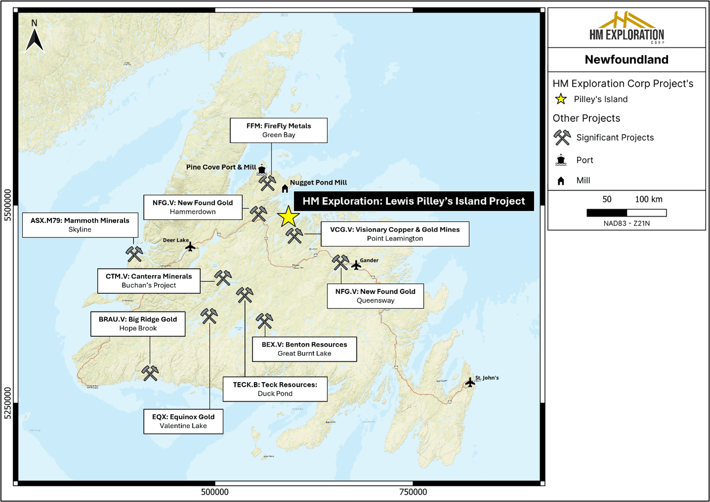Regional map of Newfoundland displaying the location of the Project and other significant mineral exploration and mining projects in Newfoundland – Canada.