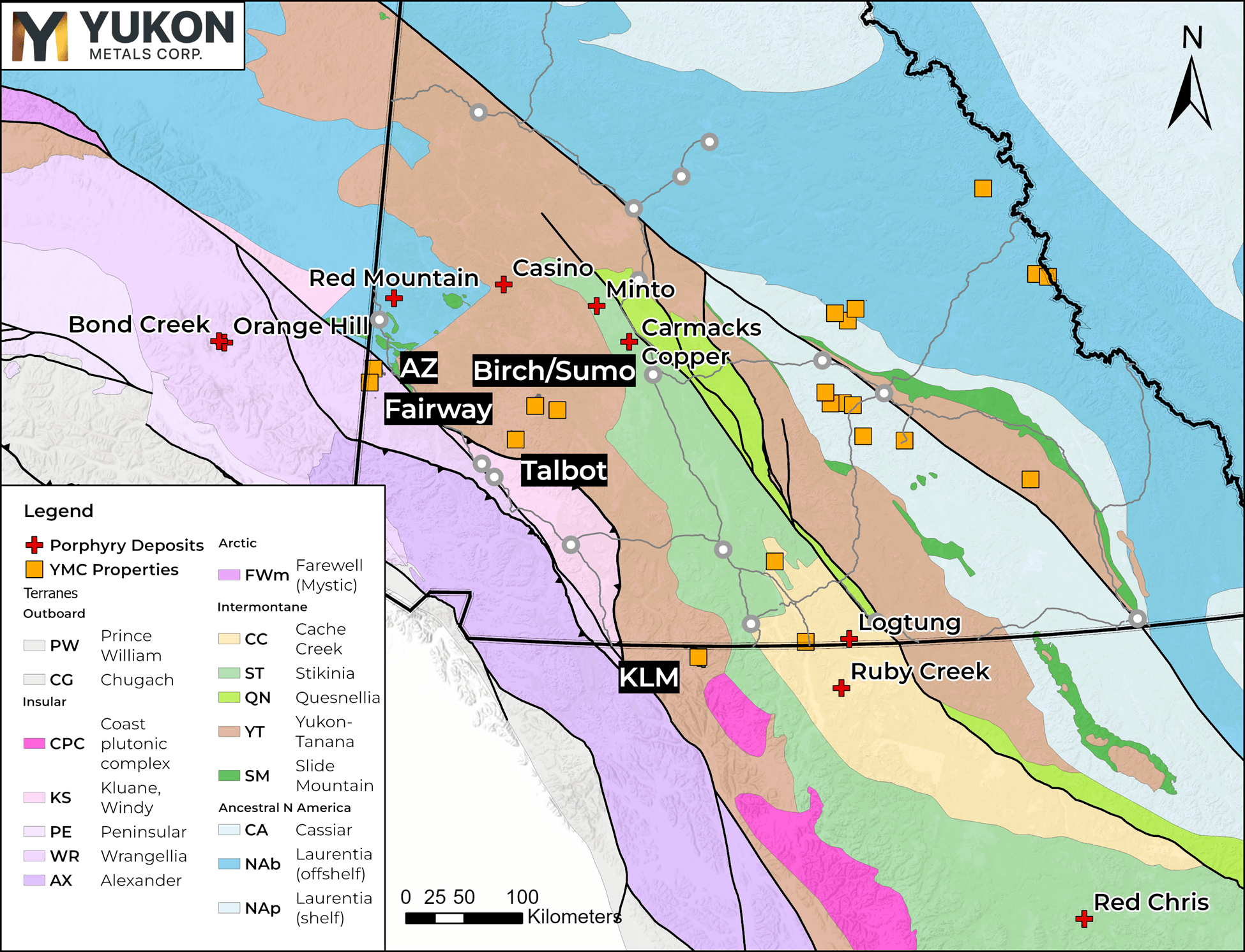 KLM property location in relation to YMC's AZ/Fairway, Birch/Sumo, and Talbot Cu-Au projects with nearby porphyry deposits.