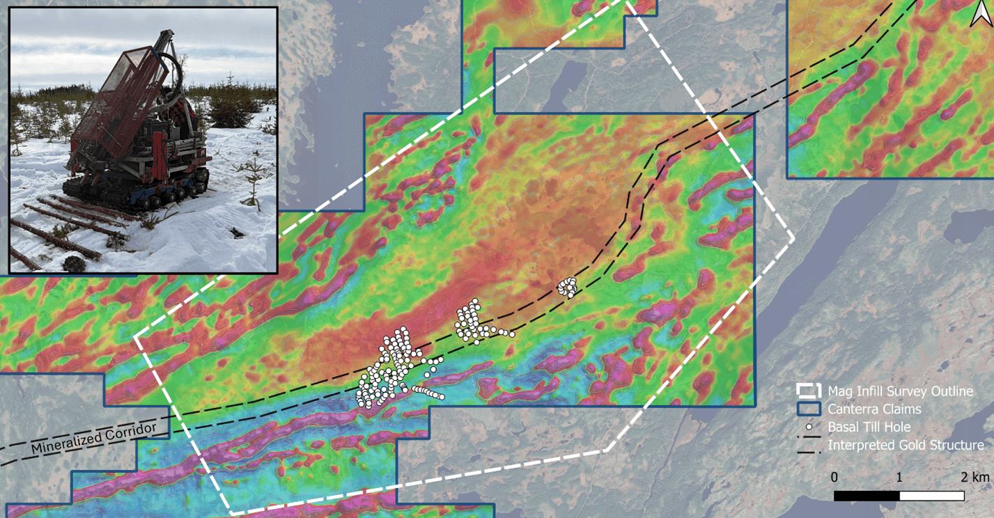 Map of Wilding Project, Magnetic Survey Area, and Till Drill Locations. Portable Shock Auger Rig (inset)