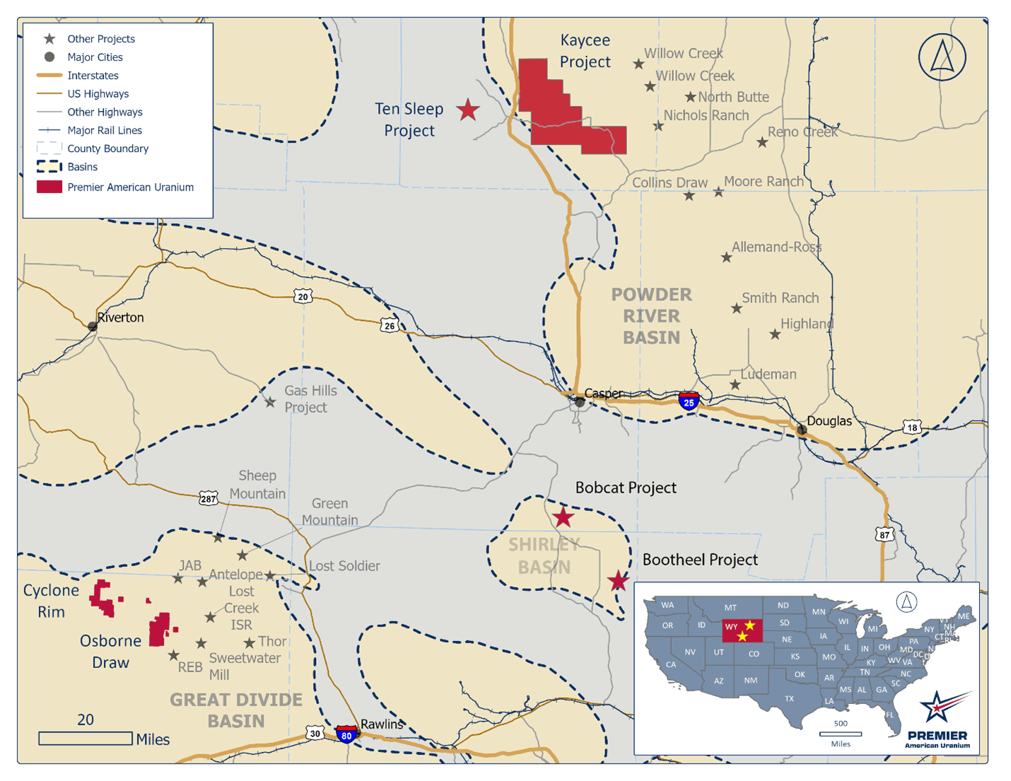 PUR's Wyoming exploration portfolio, highlighting the Kaycee Project in the Powder River Basin and the Cyclone Project in the Great Divide Basin. Active exploration is currently underway at both projects.