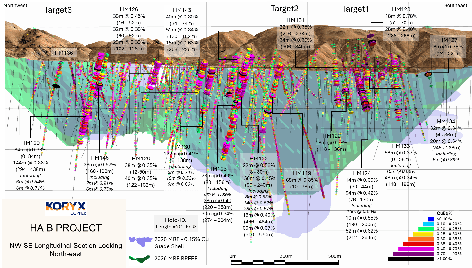 Long section showing seventeen drillhole intersections relative to the model for Cu mineralization