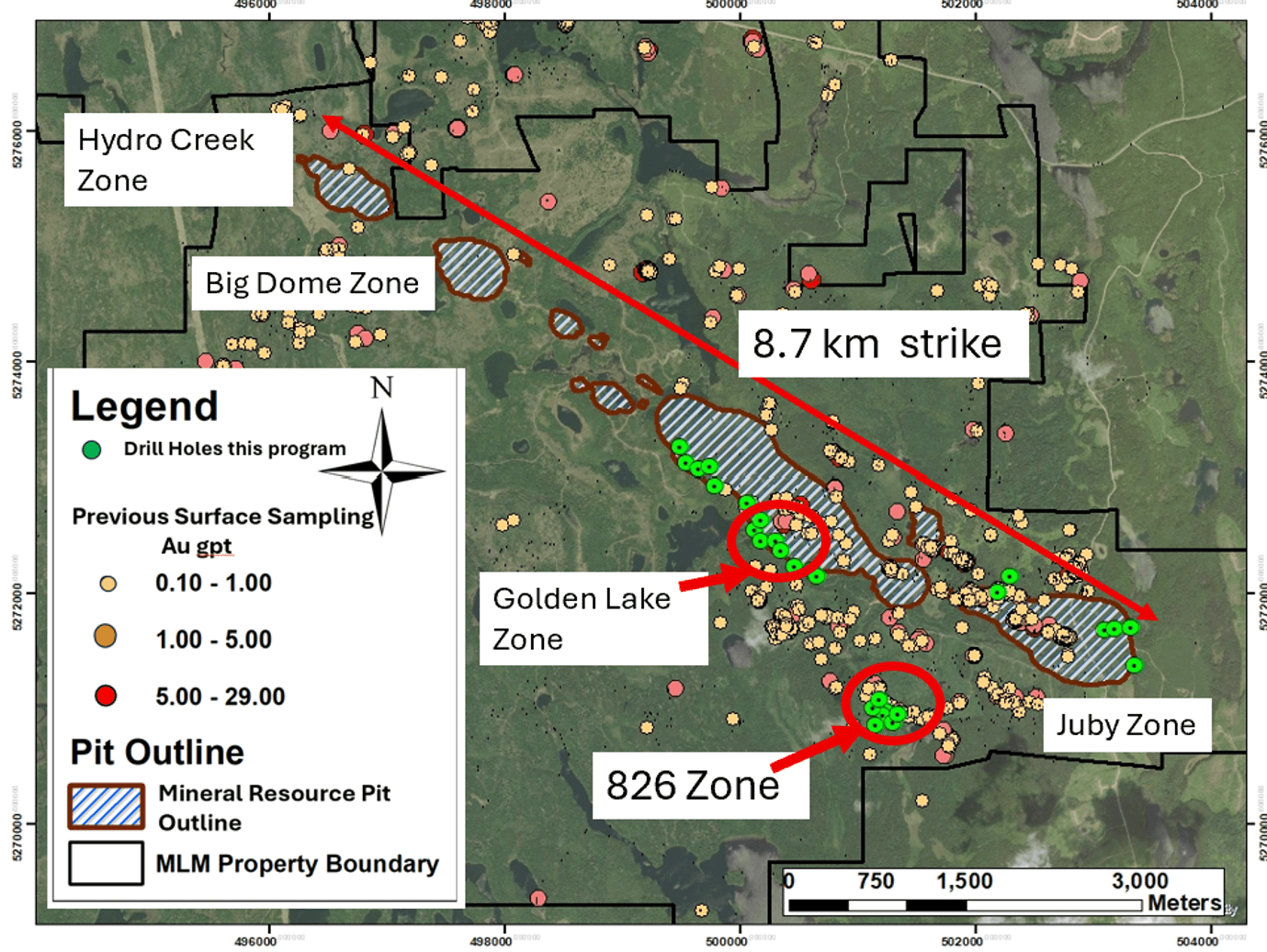 Juby Gold Project – Plan View of Exploration Drilling Program Showing Drill Hole Locations at Golden Lake, Juby, and 826 Zones