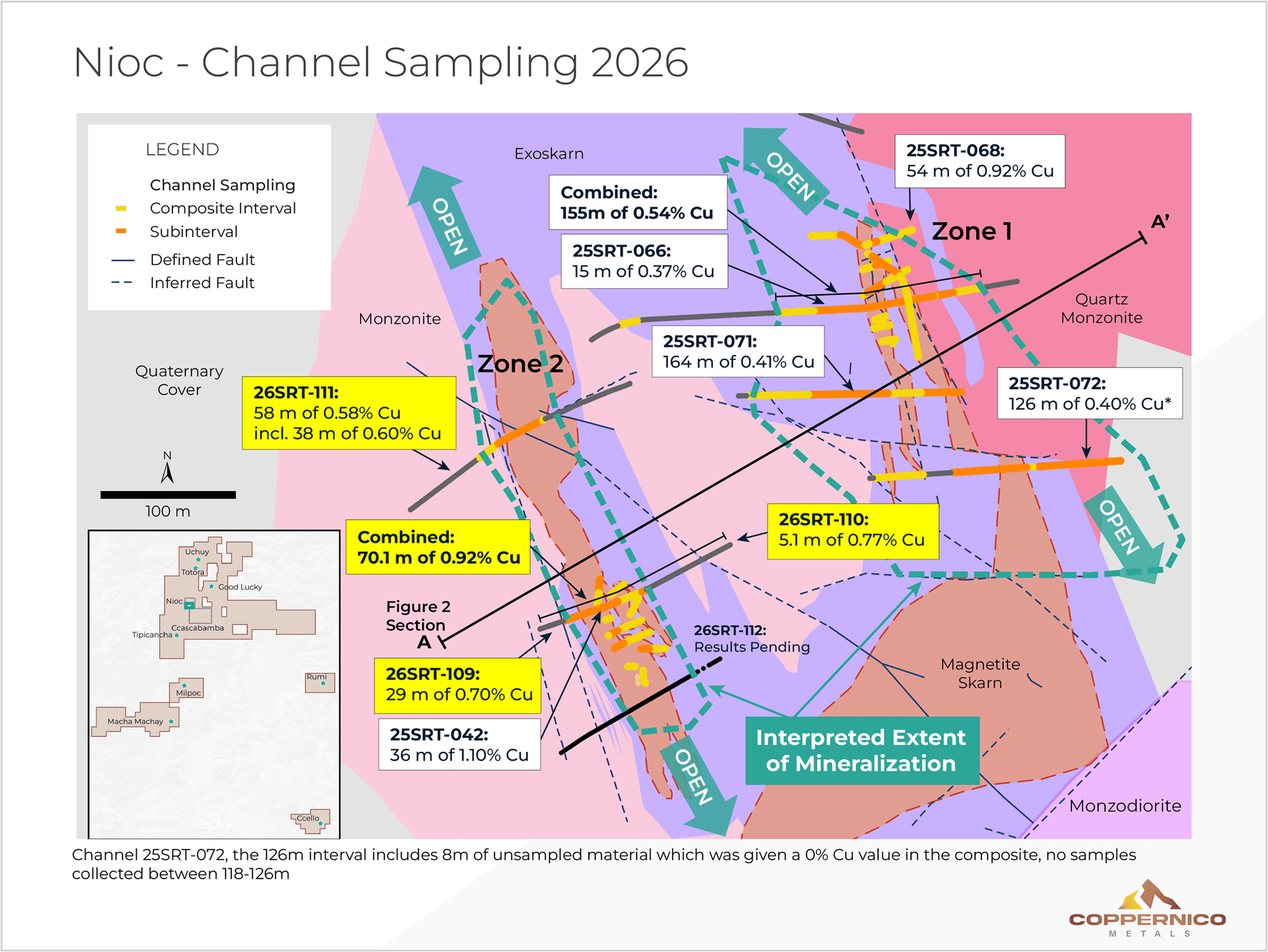 Plan map of Nioc Zones 1 and 2 showing channel sample highlights, completed and pending channels, and the interpreted mineralized footprint