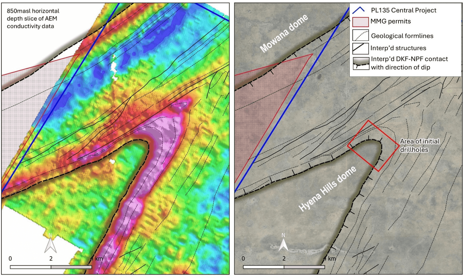Location of Leviathan's Central Project showing the initial drill targeting relative to (i) the Hyena Hills Dome, and (ii) airborne EM data, relative to MMG's Khoemacau group of deposits and discoveries.