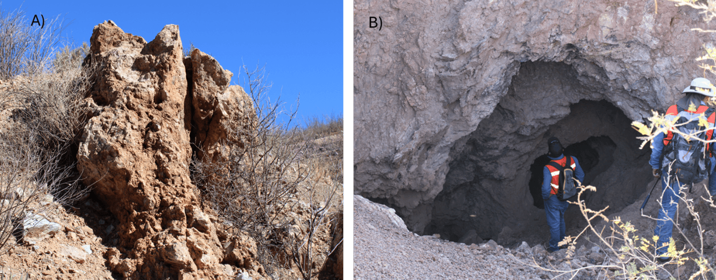 A) Quartz-fluorite vein. B) Old mining works at La Lola.